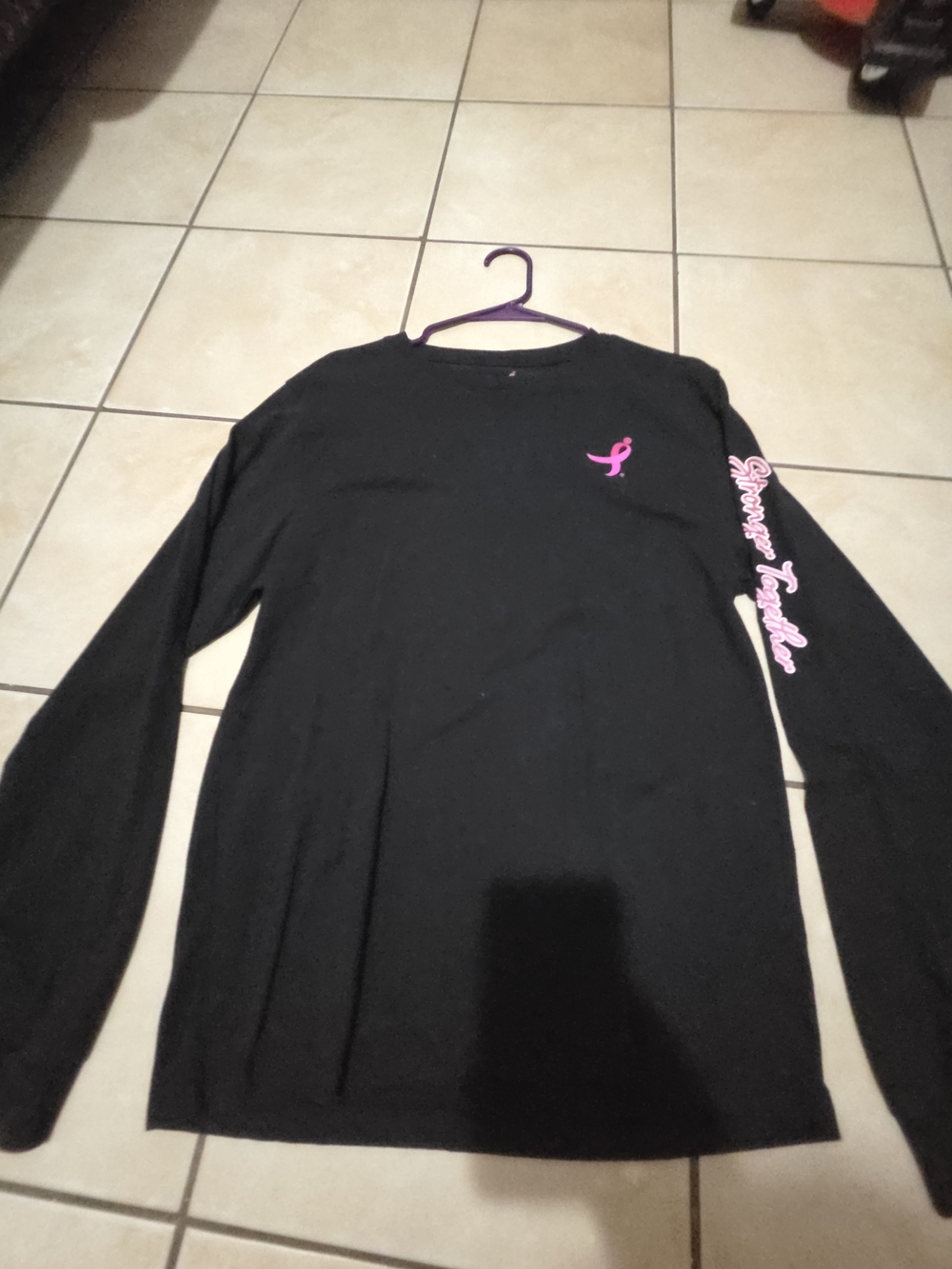 Black Long Sleeve Tee with Pink Ribbon Accent